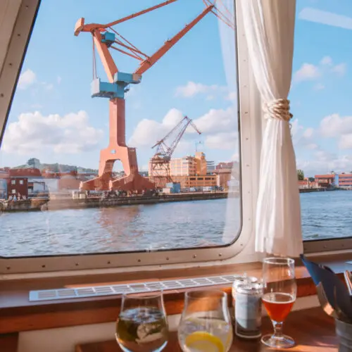 view out the window of a crane in Gothenburg harbour from the boat trip around the archipelago with Skärgårdslinjen