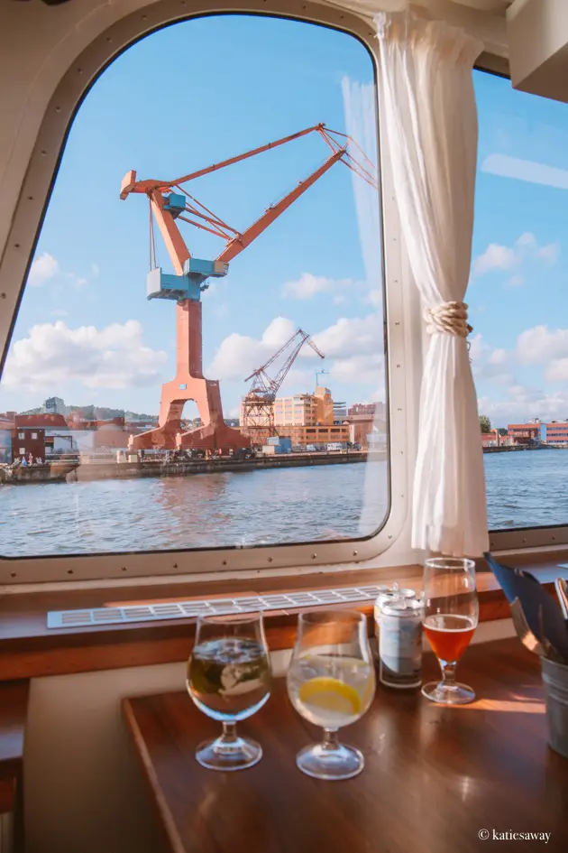 view out the window of a crane in Gothenburg harbour from the boat trip around the archipelago with Skärgårdslinjen